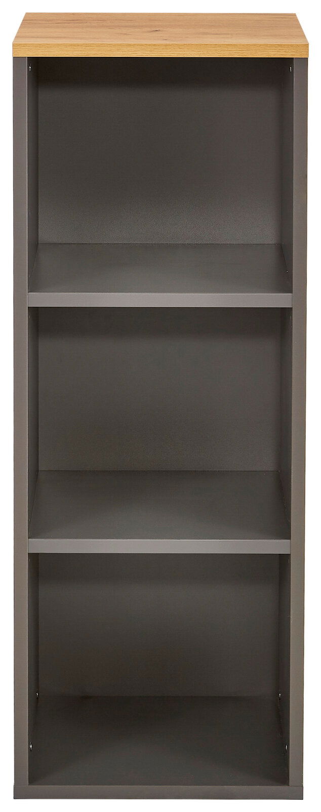 Frontale Ansicht eines schmalen Aktenregals mit drei offenen Fächern und einer Holzoberfläche.