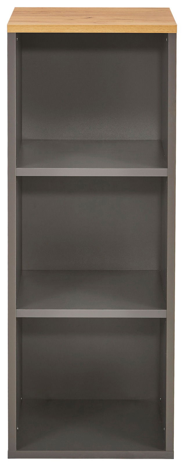 Frontale Ansicht eines schmalen Aktenregals mit drei offenen Fächern und einer Holzoberfläche.