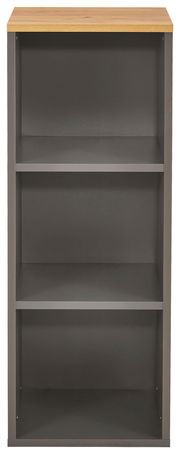 Frontale Ansicht eines schmalen Aktenregals mit drei offenen Fächern und einer Holzoberfläche.