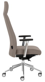 Moderner Chefsessel in Seitenansicht mit hoher Rückenlehne, verstellbaren Armlehnen und stabilem Metallfuß mit Rollen.