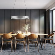 Moderne Pendelleuchte PURE E-CLIPSE von Paul Neuhaus, in einem stilvollen Esszimmer über einem Esstisch aus Holz, seitliche Perspektive.