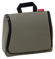 Toilettentasche XL in Olivgrün mit schwarzem Reißverschluss und Tragegriff, seitliche Perspektive