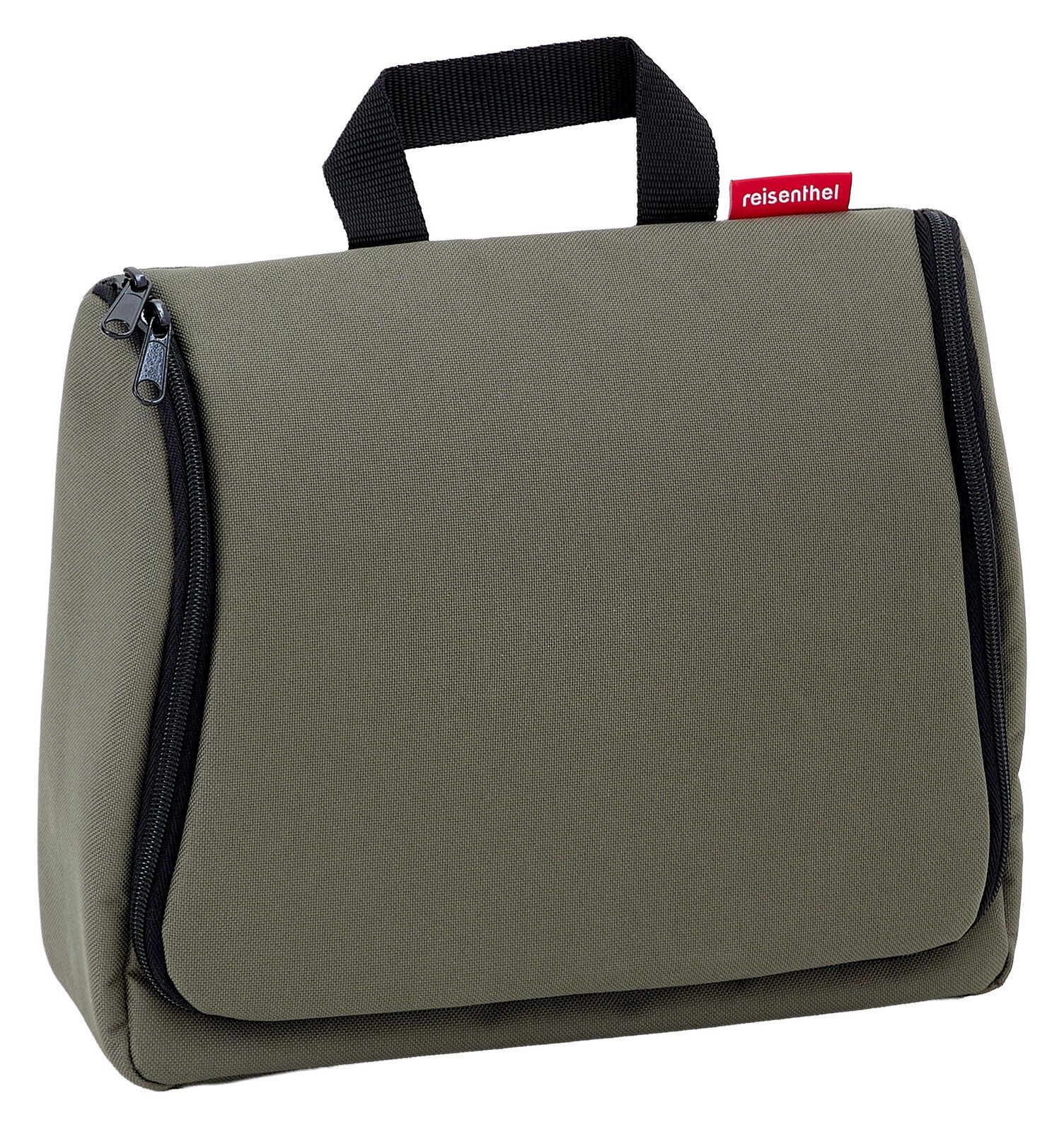 Reisenthel Toiletbag XL Forest black Toilettentasche XL in Olivgrün mit schwarzem Reißverschluss und Tragegriff, seitliche Perspektive