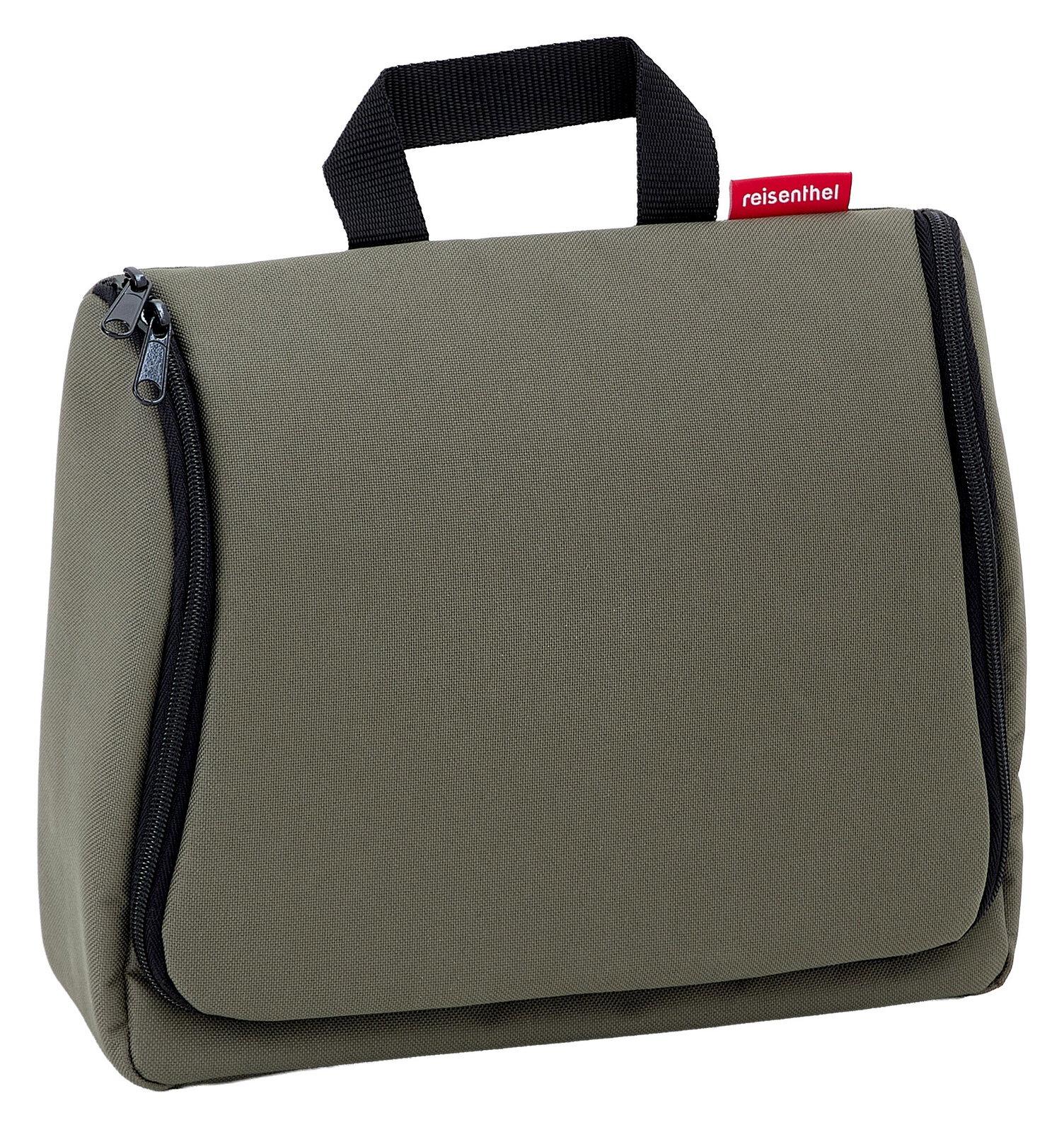 Reisenthel Toiletbag XL Forest black Toilettentasche XL in Olivgrün mit schwarzem Reißverschluss und Tragegriff, seitliche Perspektive