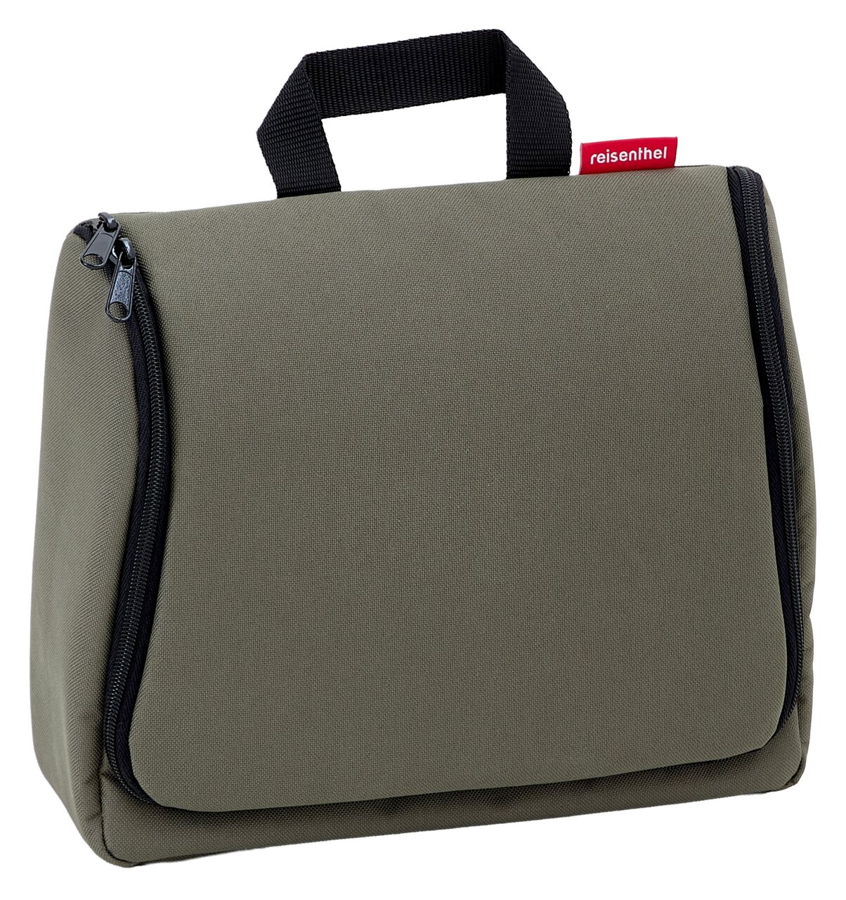 Reisenthel Toiletbag XL Forest black Toilettentasche XL in Olivgrün mit schwarzem Reißverschluss und Tragegriff, seitliche Perspektive