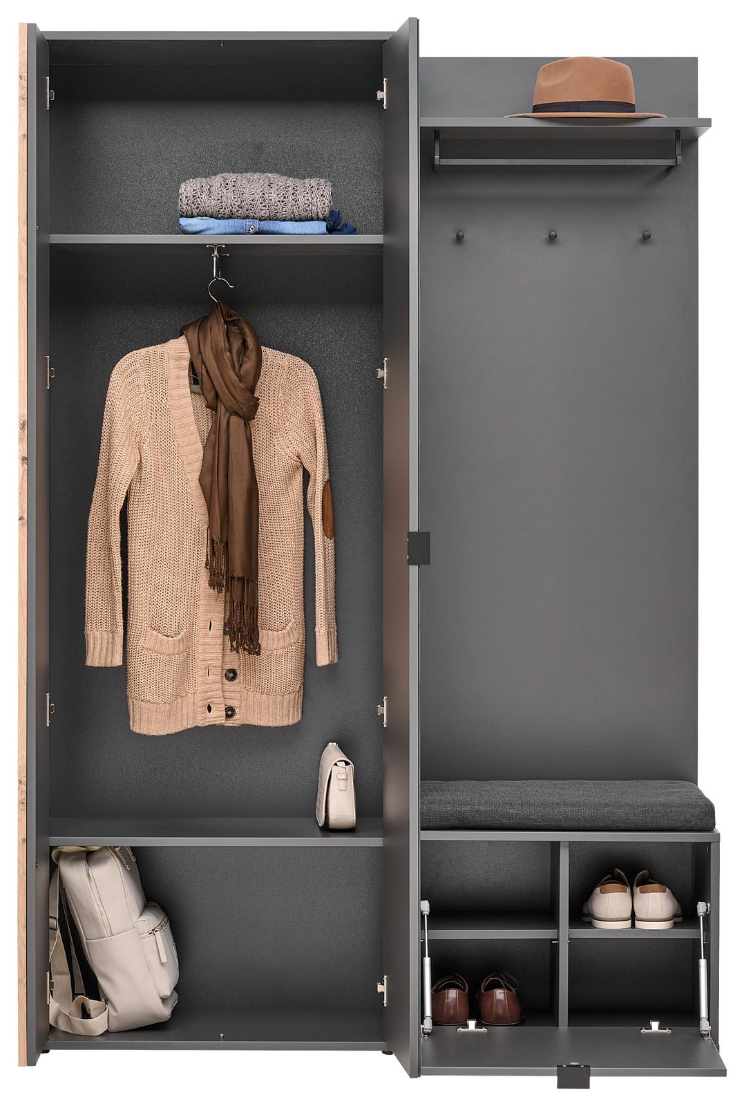 Kompaktgarderobe Voleo PHIL in grauer Farbe, frontal abgebildet, mit offenen Türen, zeigt Stauraum für Kleidung, Schuhe und Accessoires.