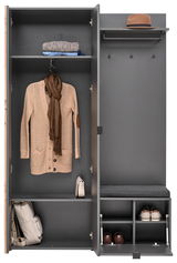 Kompaktgarderobe Voleo PHIL in grauer Farbe, frontal abgebildet, mit offenen Türen, zeigt Stauraum für Kleidung, Schuhe und Accessoires.