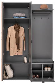 Kompaktgarderobe Voleo PHIL in grauer Farbe, frontal abgebildet, mit offenen Türen, zeigt Stauraum für Kleidung, Schuhe und Accessoires.