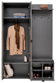 Kompaktgarderobe Voleo PHIL in grauer Farbe, frontal abgebildet, mit offenen Türen, zeigt Stauraum für Kleidung, Schuhe und Accessoires.