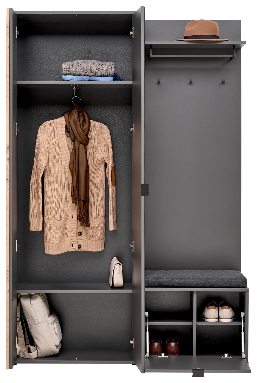Kompaktgarderobe Voleo PHIL in grauer Farbe, frontal abgebildet, mit offenen Türen, zeigt Stauraum für Kleidung, Schuhe und Accessoires.