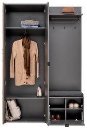 Kompaktgarderobe Voleo PHIL in grauer Farbe, frontal abgebildet, mit offenen Türen, zeigt Stauraum für Kleidung, Schuhe und Accessoires.