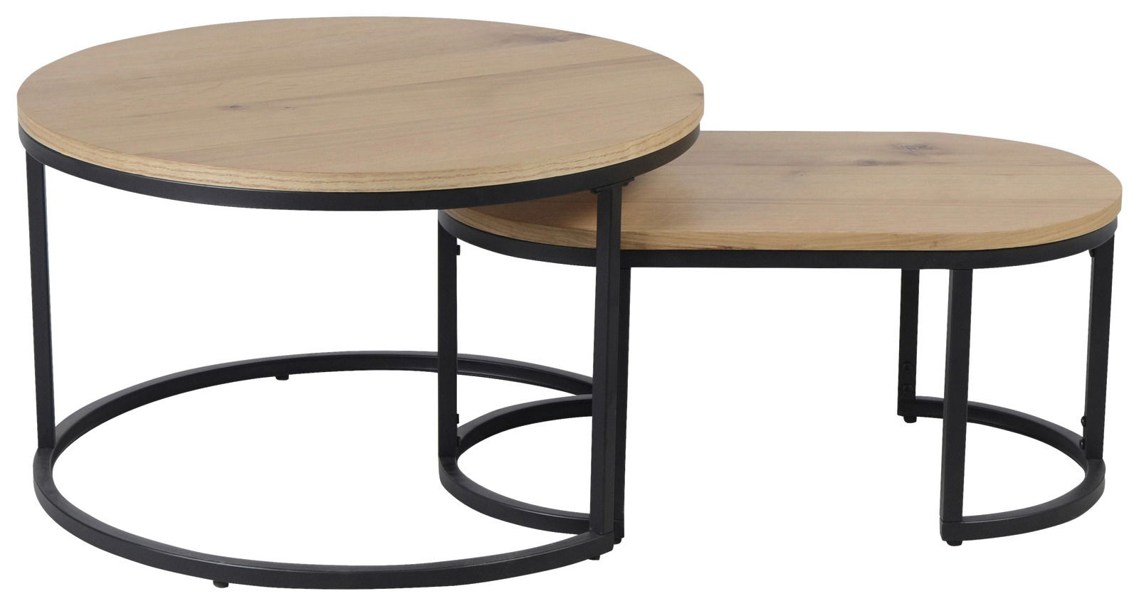 Zweier-Set Couchtische mit runden Holzplatten und schwarzen Metallgestellen, seitliche Perspektive
