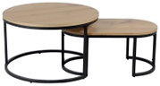 Zweier-Set Couchtische mit runden Holzplatten und schwarzen Metallgestellen, seitliche Perspektive