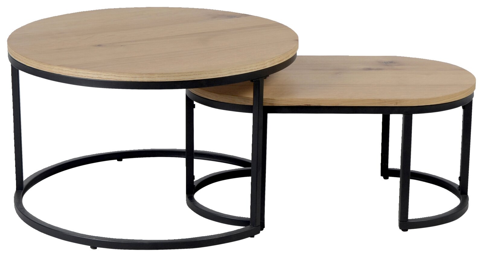 Set van twee salontafels met ronde houten bladen en zwarte metalen onderstellen, zijaanzicht