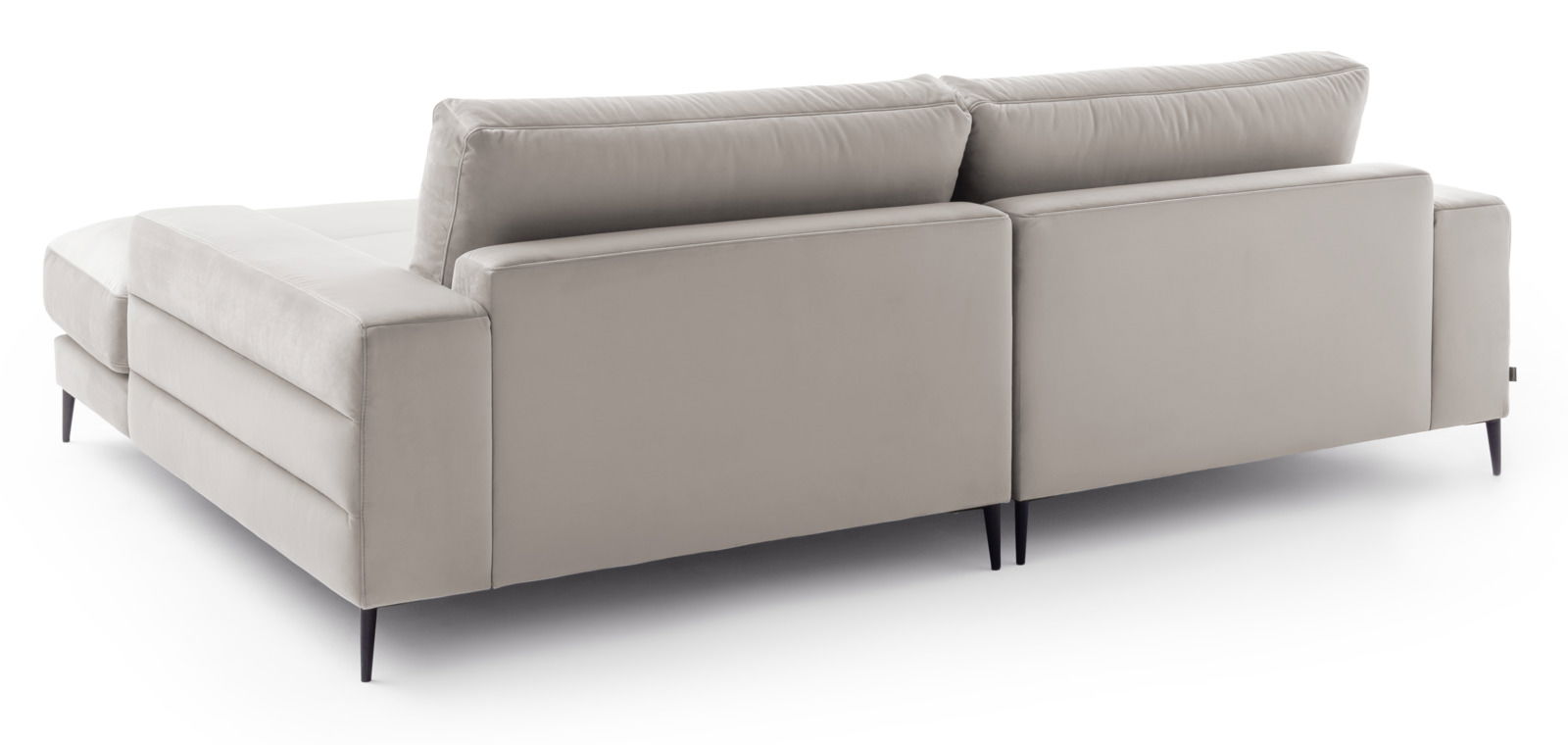 Rückansicht einer modernen, hellgrauen Longchairkombination mit schlanken, schwarzen Beinen.