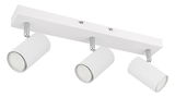 Moderner weißer Deckenstrahler mit drei verstellbaren Spots, seitliche Perspektive