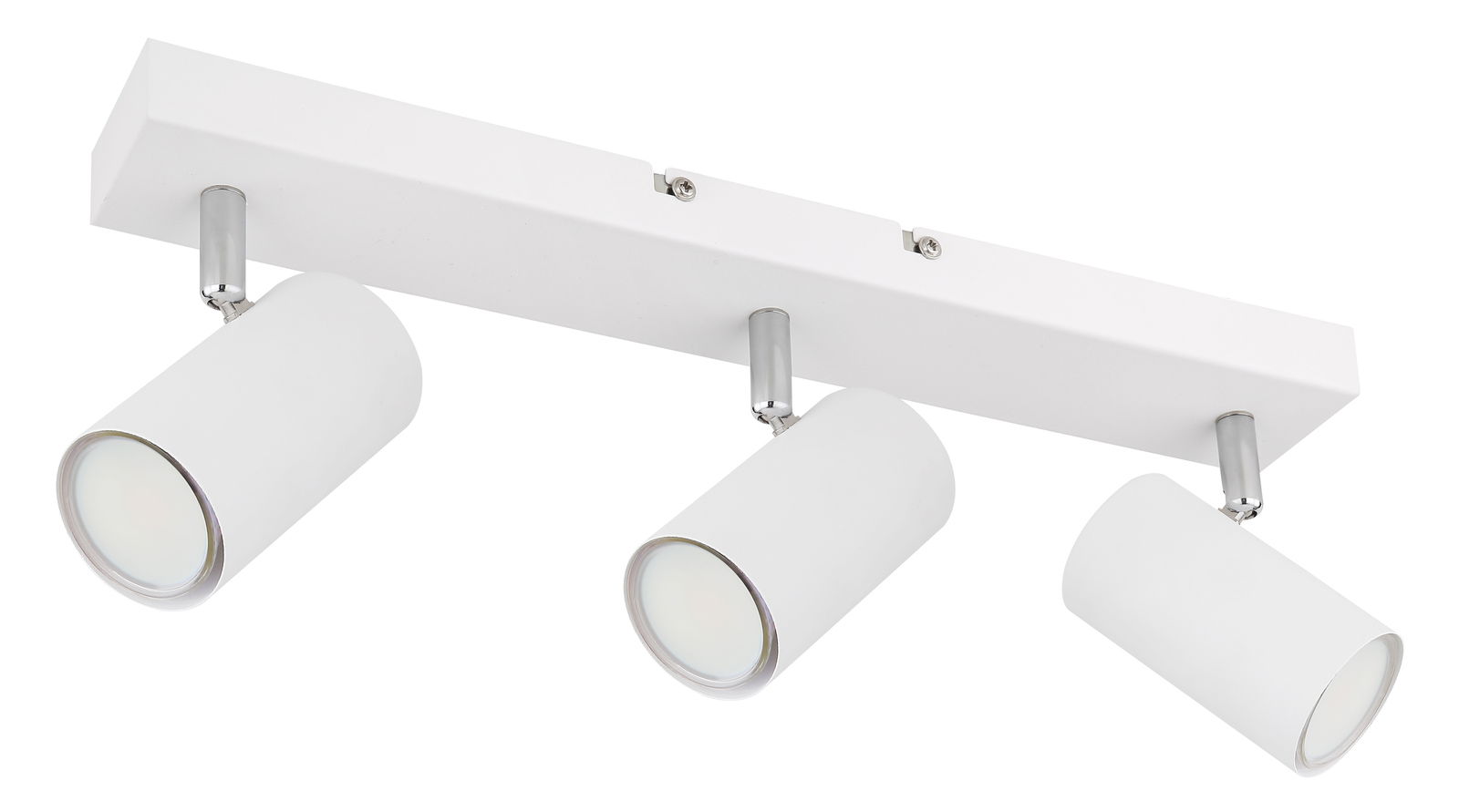Moderner weißer Deckenstrahler mit drei verstellbaren Spots, seitliche Perspektive