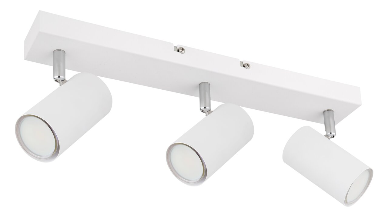 Moderner weißer Deckenstrahler mit drei verstellbaren Spots, seitliche Perspektive