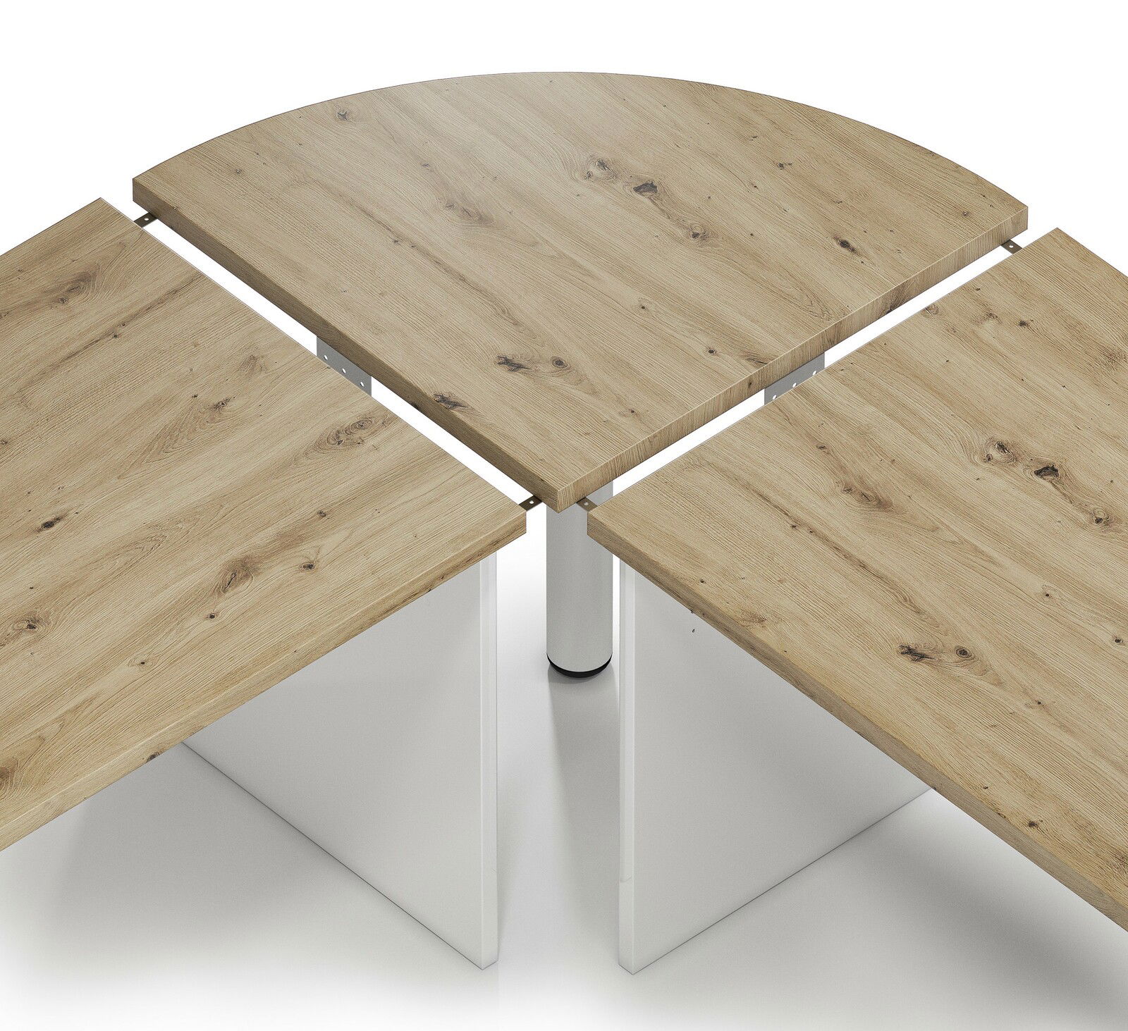 Eckverbindungsplatte aus Holz in einer dreiteiligen Tischanordnung, von oben betrachtet.