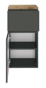 Unterschrank mit geöffneter Tür, zwei Einlegeböden und Holzoberfläche, Frontalansicht