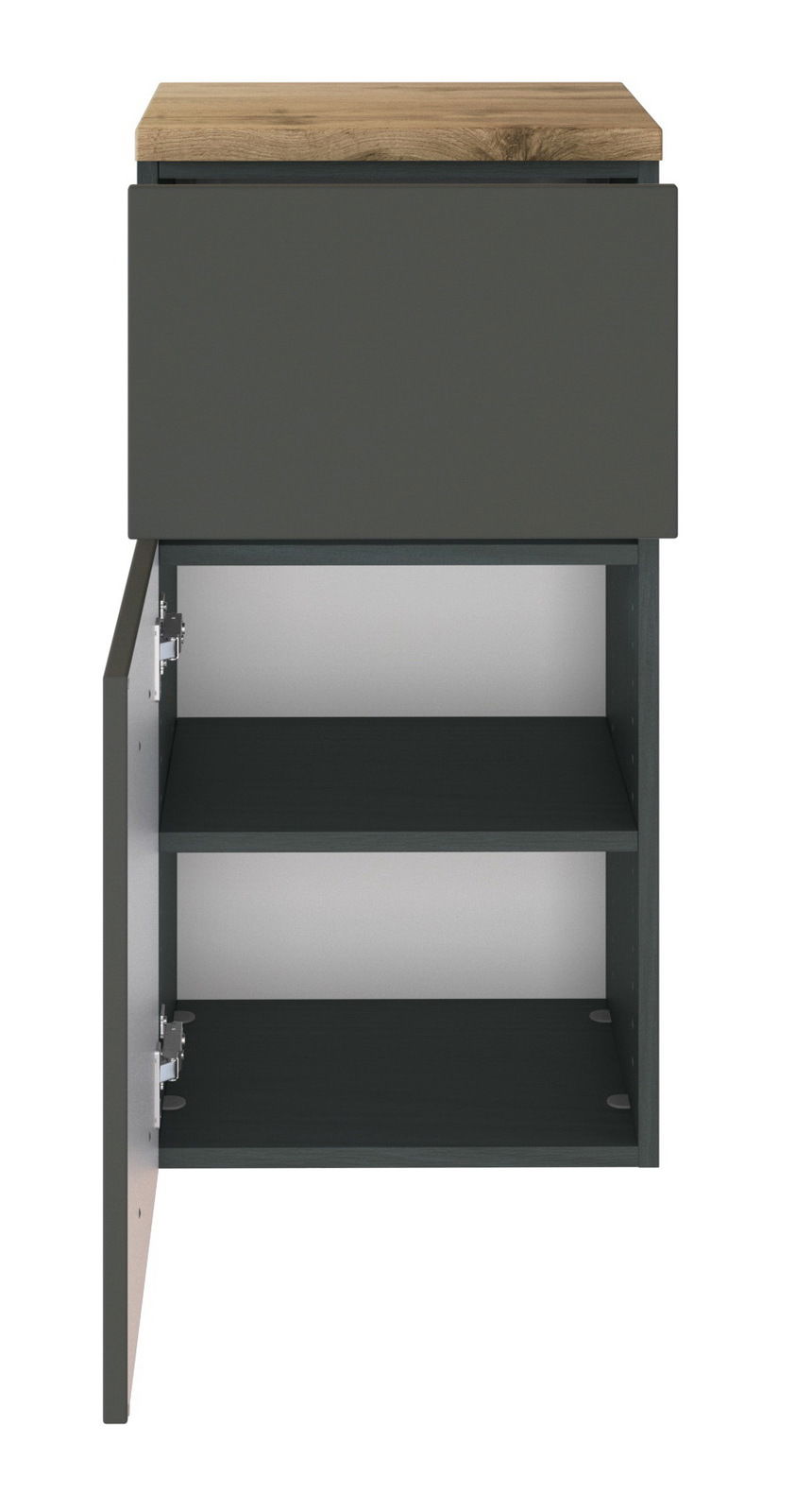 Unterschrank mit geöffneter Tür, zwei Einlegeböden und Holzoberfläche, Frontalansicht