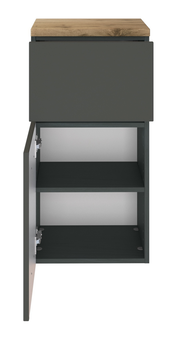 Unterschrank mit geöffneter Tür, zwei Einlegeböden und Holzoberfläche, Frontalansicht