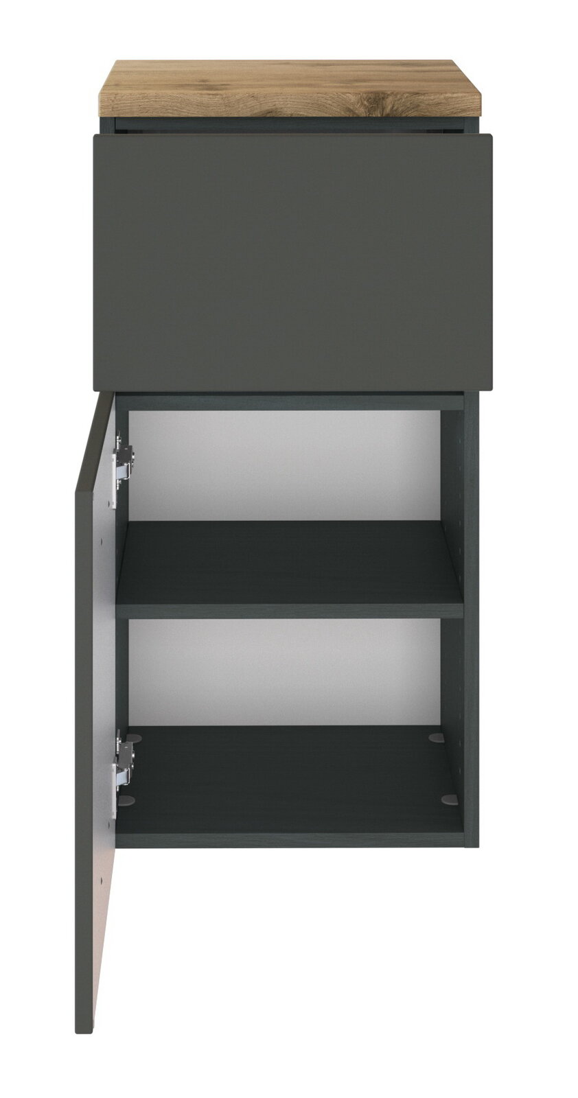 XORA Unterschrank PIENZA Unterschrank mit geöffneter Tür, zwei Einlegeböden und Holzoberfläche, Frontalansicht