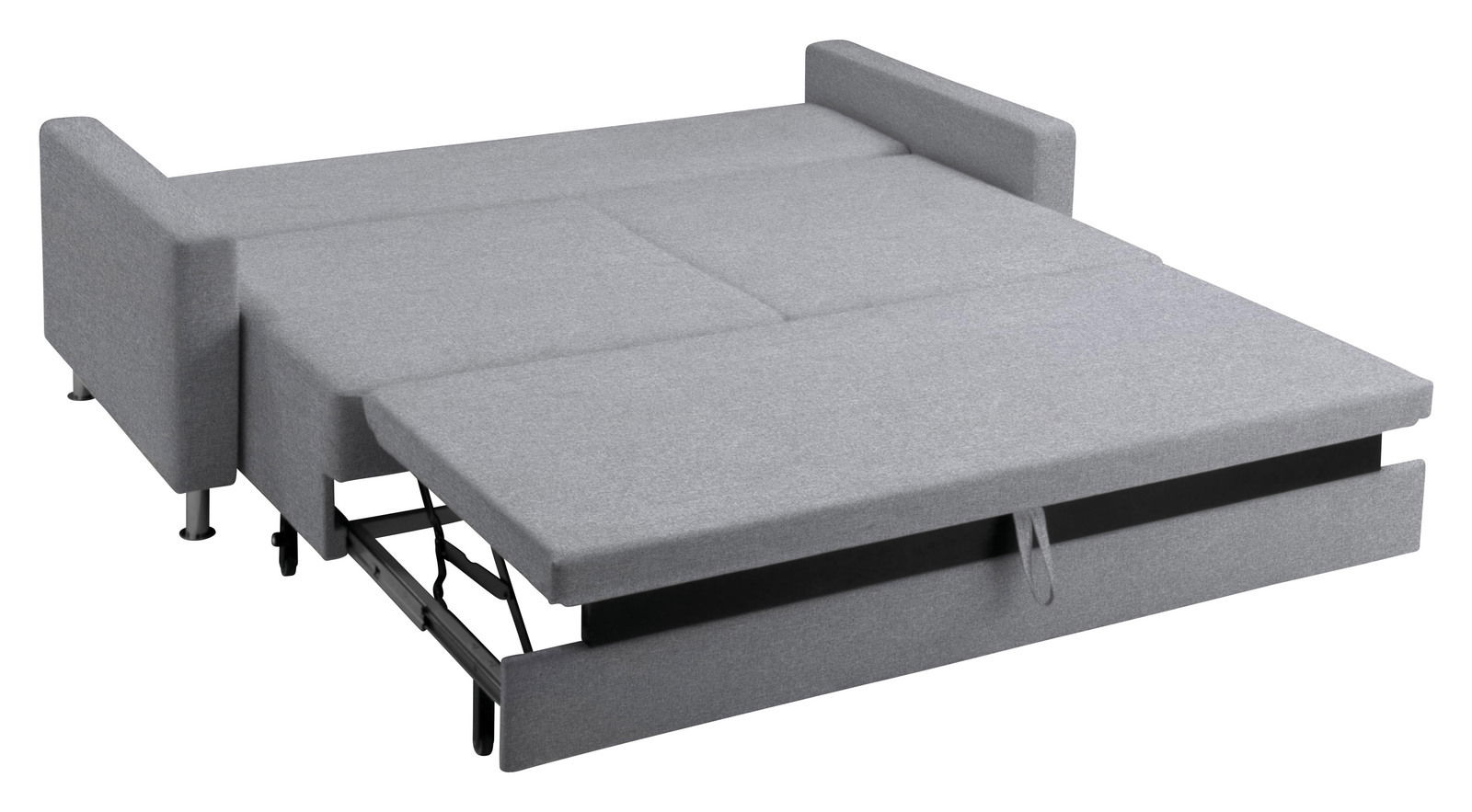 Graues Schlafsofa in ausgeklappter Position, seitliche Perspektive