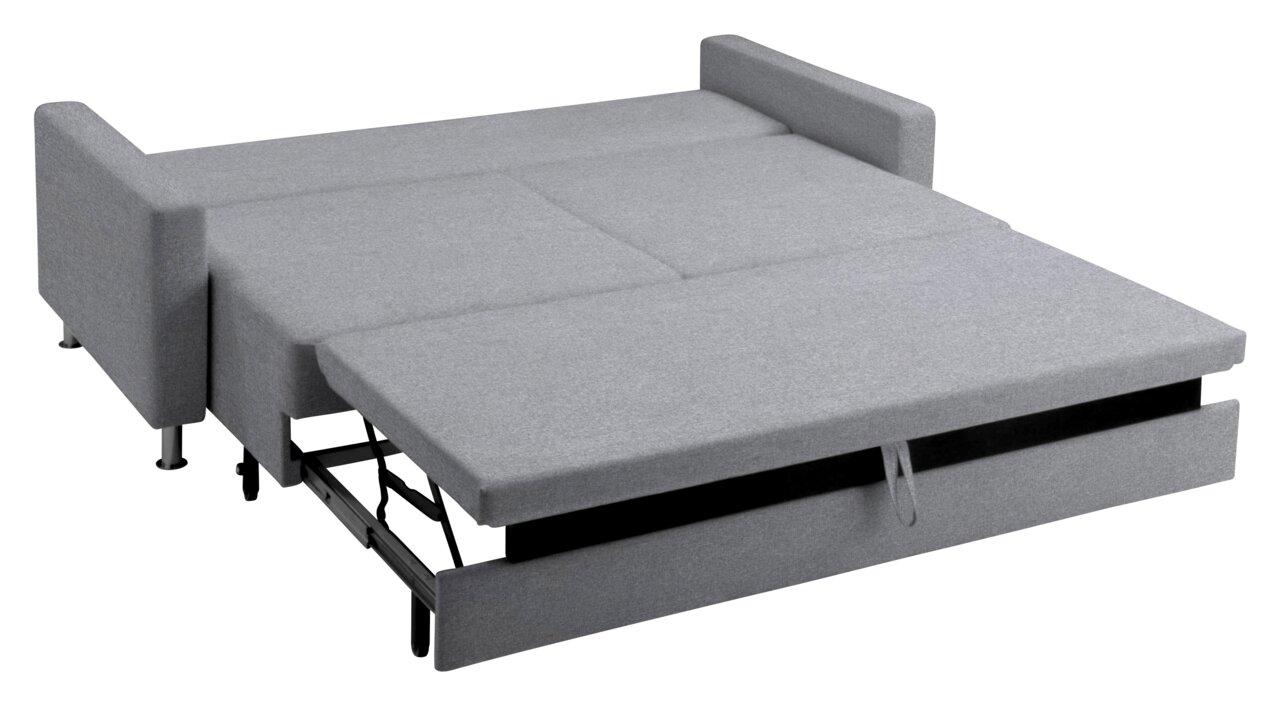 Graues Schlafsofa in ausgeklappter Position, seitliche Perspektive