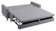 Graues Schlafsofa in ausgeklappter Position, seitliche Perspektive