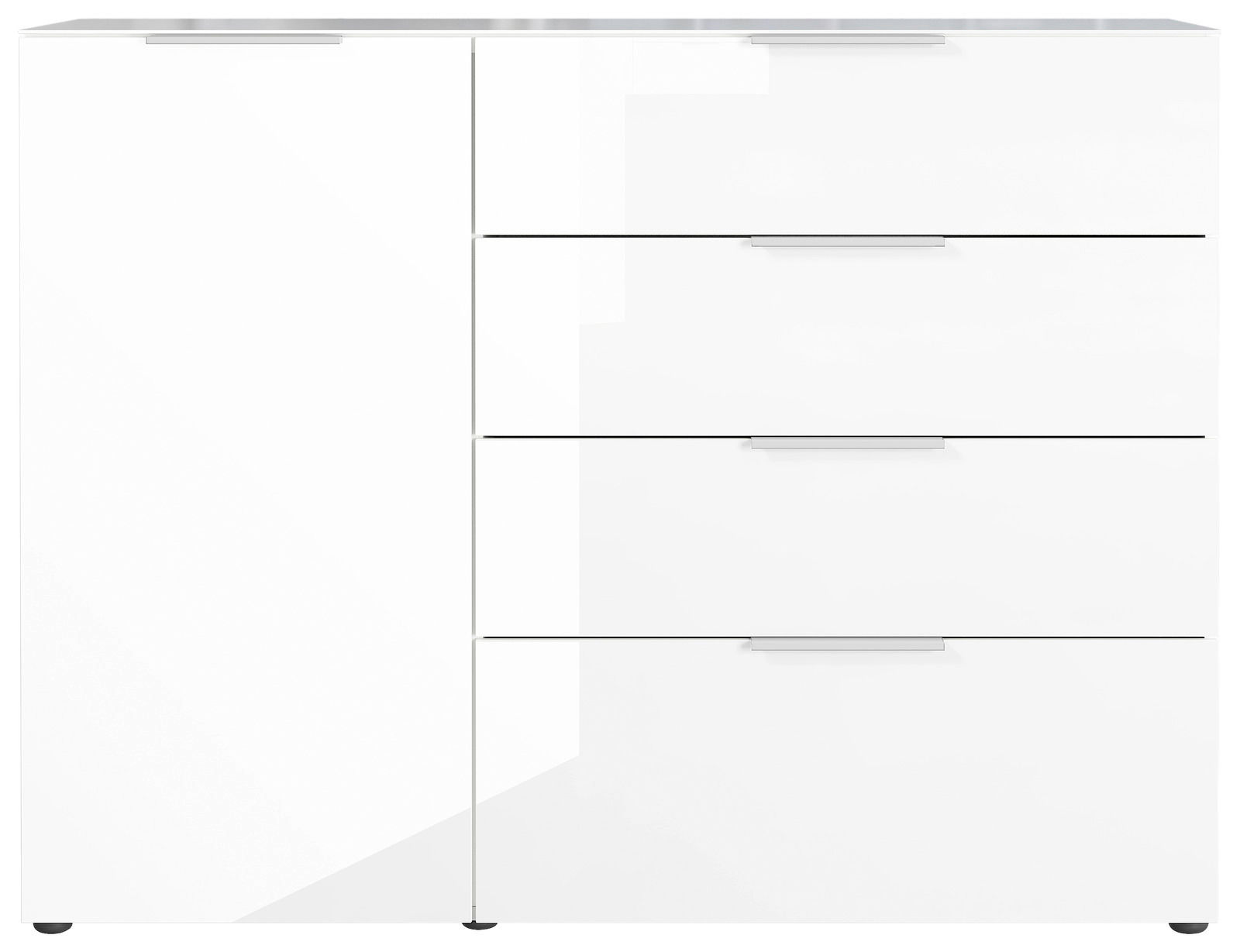 Weißes Sideboard mit drei Schubladen und einer Tür, Frontalansicht