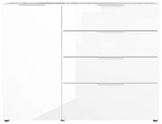 Weißes Sideboard mit drei Schubladen und einer Tür, Frontalansicht