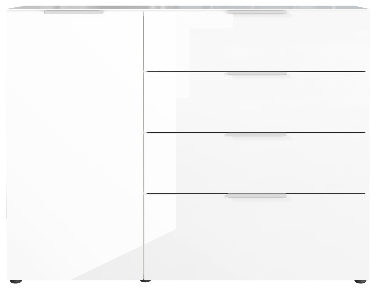 Weißes Sideboard mit drei Schubladen und einer Tür, Frontalansicht