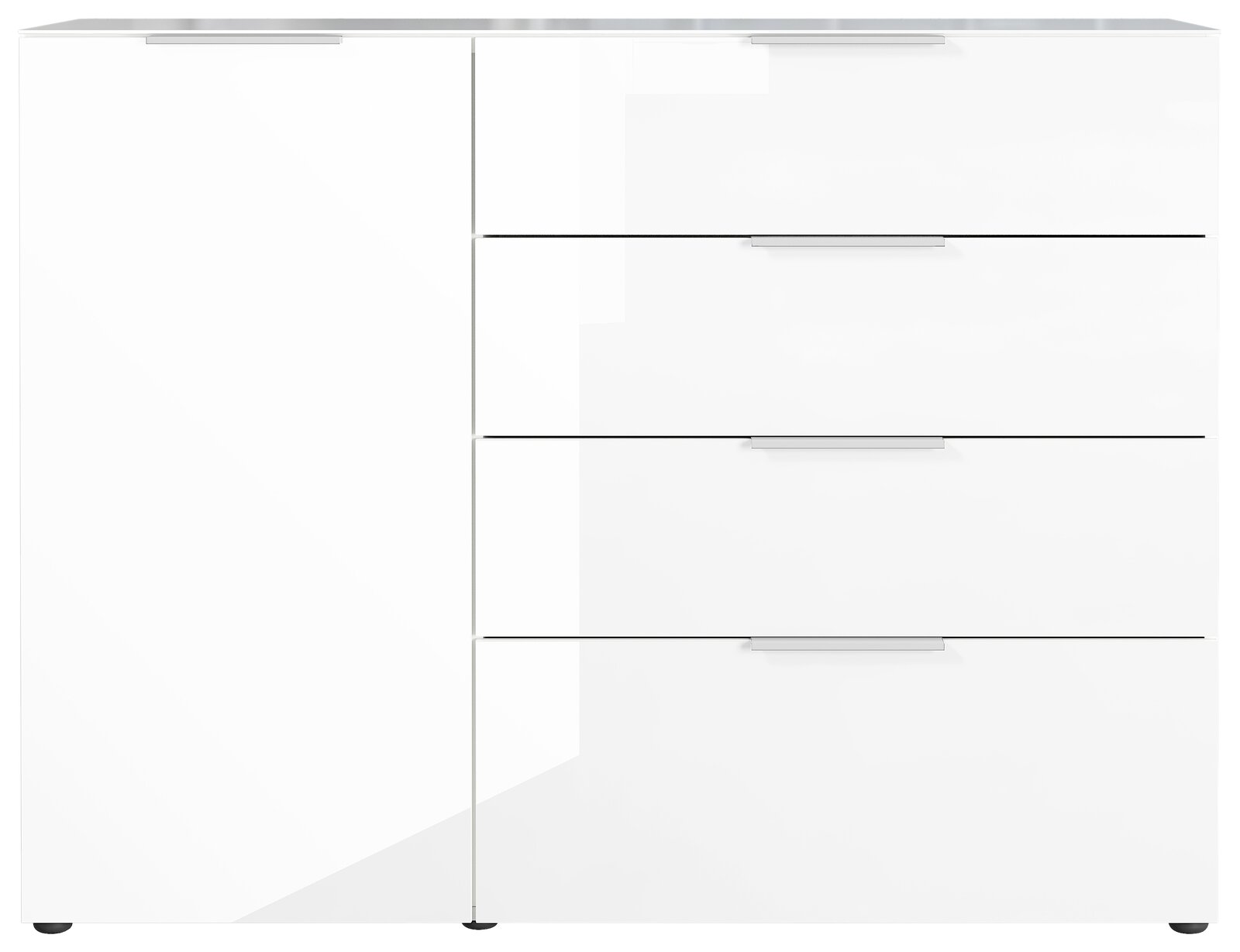 Weißes Sideboard mit drei Schubladen und einer Tür, Frontalansicht