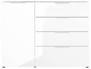 Weißes Sideboard mit drei Schubladen und einer Tür, Frontalansicht