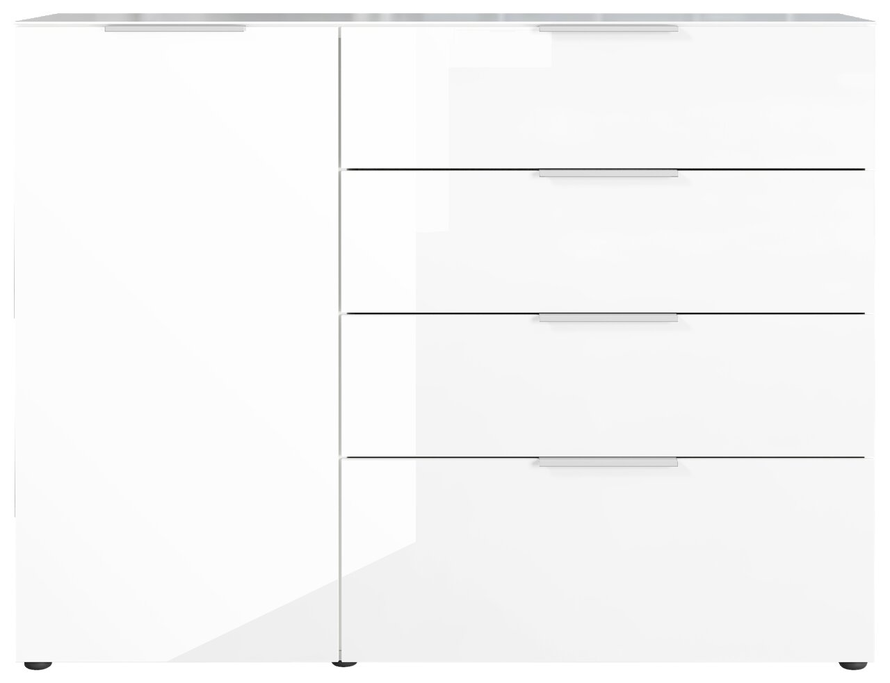 Weißes Sideboard mit drei Schubladen und einer Tür, Frontalansicht