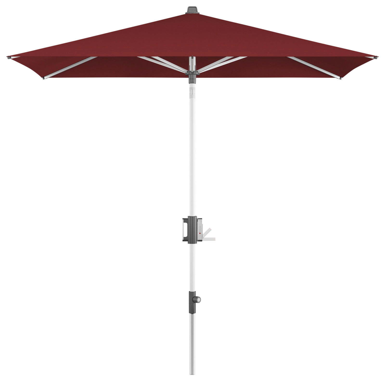 Roter Kurbelschirm in Seitenansicht mit weißem Gestell und Kurbelmechanismus