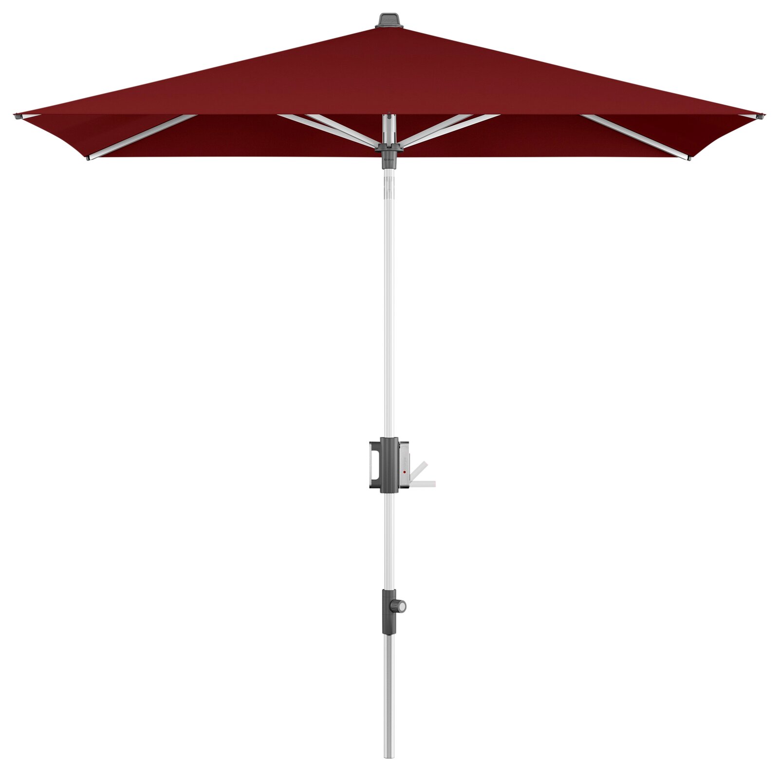 Roter Kurbelschirm in Seitenansicht mit weißem Gestell und Kurbelmechanismus