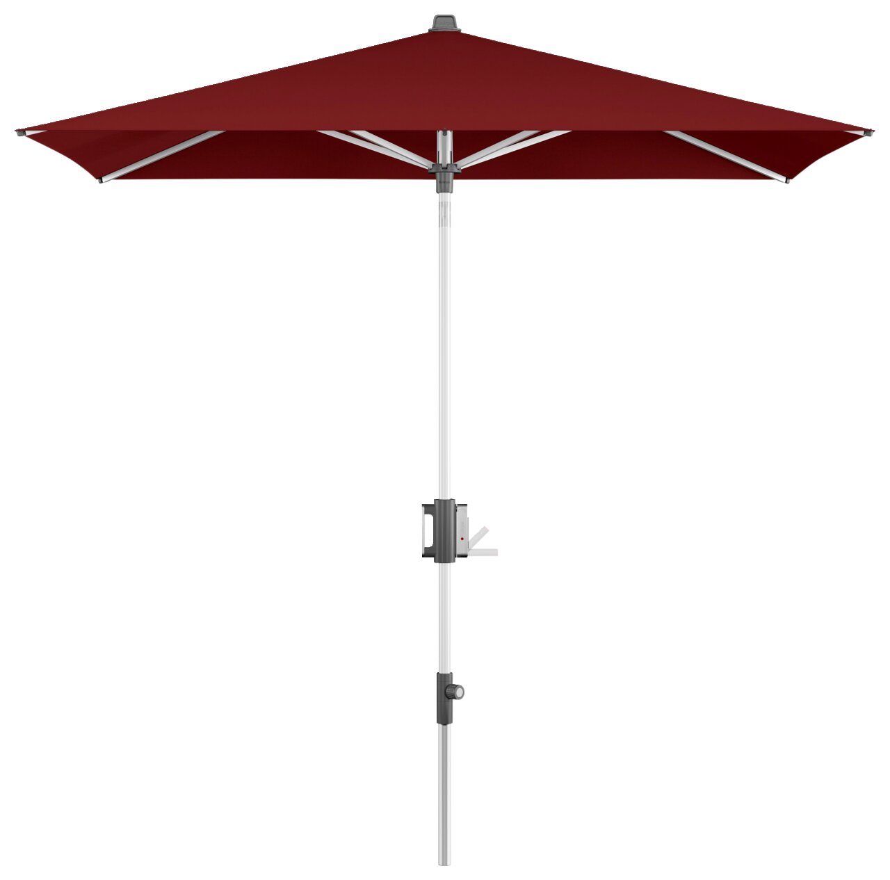 Roter Kurbelschirm in Seitenansicht mit weißem Gestell und Kurbelmechanismus