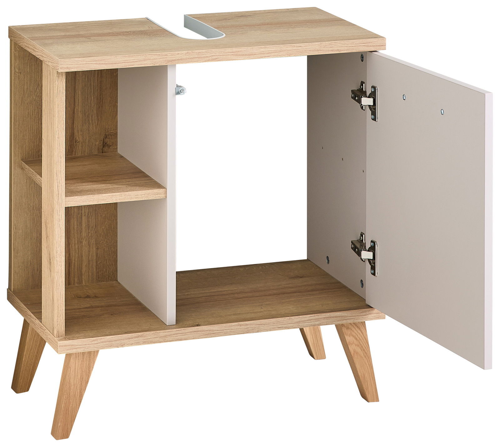 XORA Waschbeckenunterschrank QS966 Waschbeckenunterschrank aus Holz mit offenen Regalfächern und einer geöffneten Tür, seitliche Perspektive