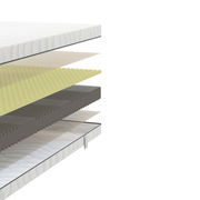 Explosionsansicht einer Wende-Kaltschaummatratze mit mehreren Schichten aus verschiedenen Materialien, seitliche Perspektive.