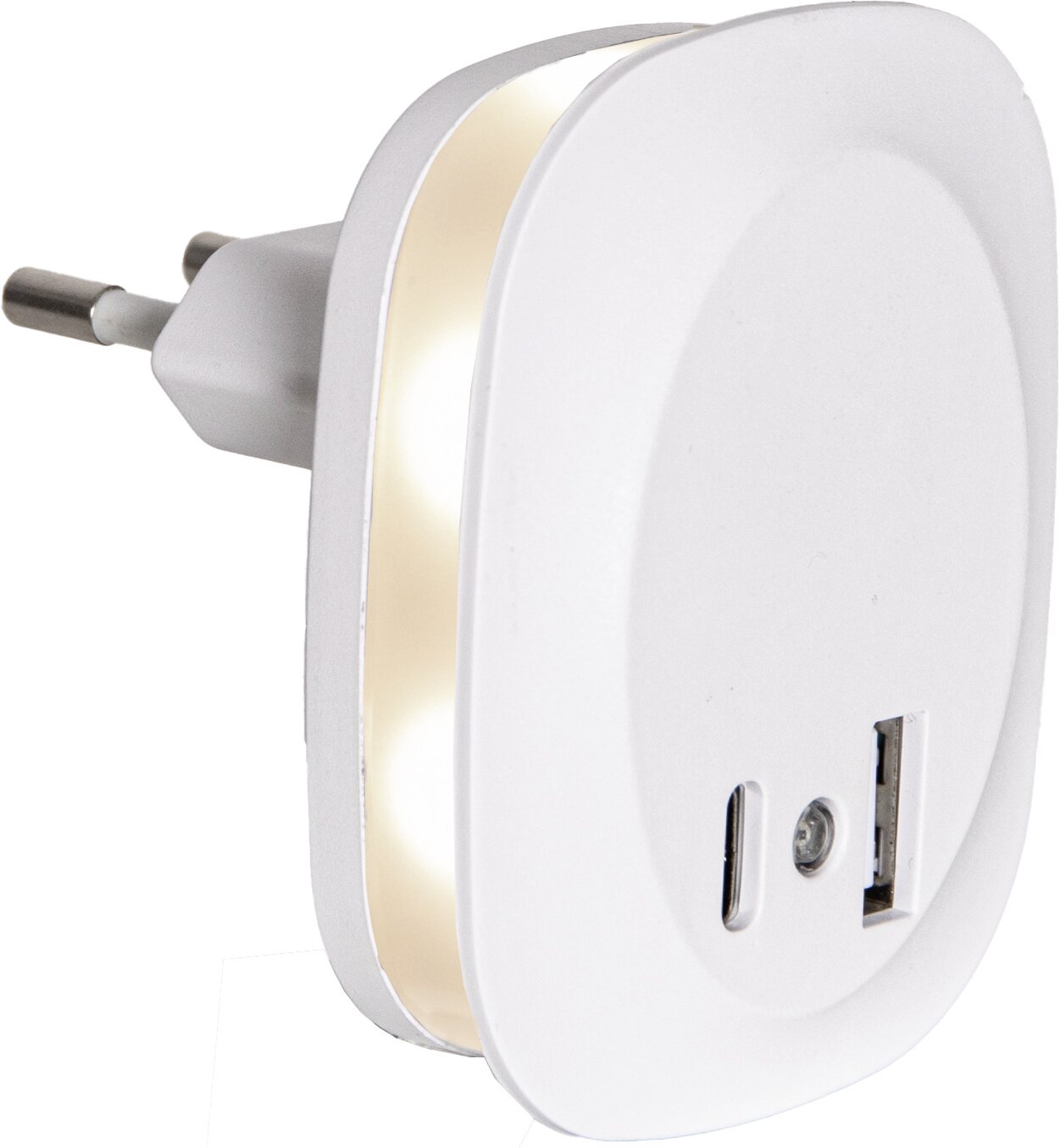 Weißes LED-Nachtlicht für die Steckdose mit warmweißem Licht, Dämmerungssensor und USB-A-Anschluss, schräg von vorne in Seitenansicht fotografiert
