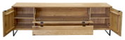 Open houten tv-meubel/lowboard met twee openstaande kastdeuren, binnenplanken en een neerklapbaar middenvak; frontaal aanzicht.