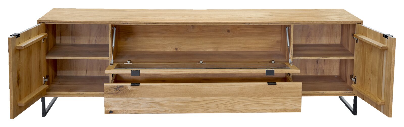 Open houten tv-meubel/lowboard met twee openstaande kastdeuren, binnenplanken en een neerklapbaar middenvak; frontaal aanzicht.