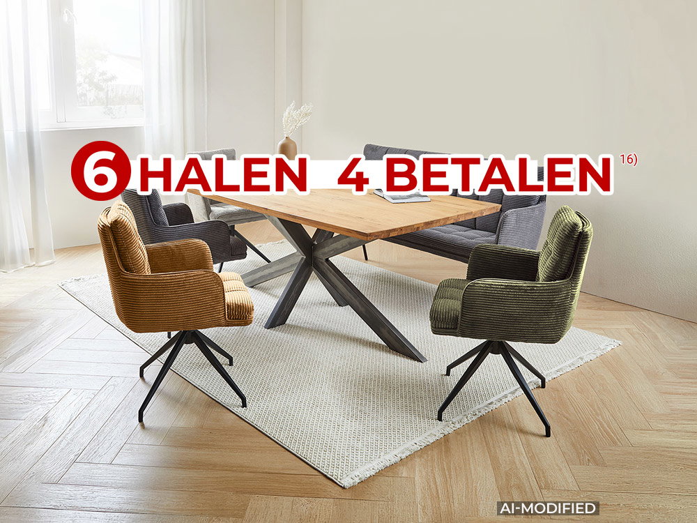 Eethoek met houten tafel en gestoffeerde stoelen, actie ‘Koop 6, betaal 4’. AI-gegenereerd.