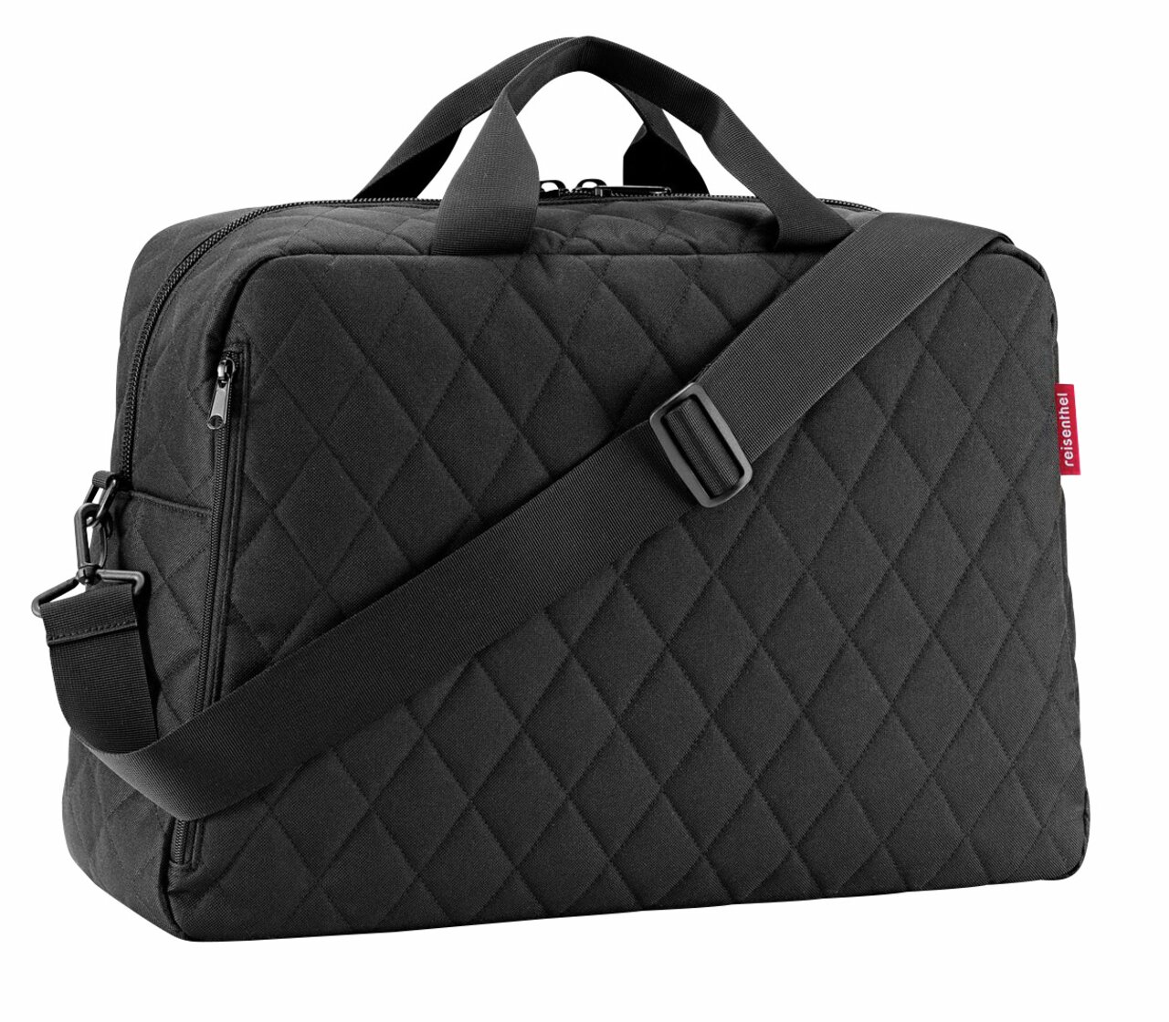Schwarze Duffelbag mit Rautenmuster, seitliche Perspektive, mit Tragegriff und verstellbarem Schultergurt.