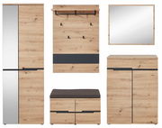 Garderoben-Set aus Holz mit Spiegel, Hakenleiste, Sitzbank und Schrank, frontal betrachtet.