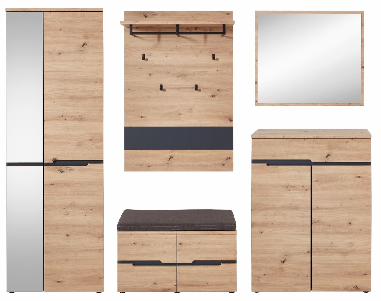 Garderoben-Set aus Holz mit Spiegel, Hakenleiste, Sitzbank und Schrank, frontal betrachtet.