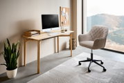 Moderner Drehstuhl mit gepolstertem Sitz und Rückenlehne in einem stilvollen Büro, seitliche Perspektive.
