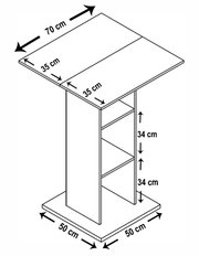 Isometrische Ansicht einer kompakten Stehpult-/Beistelltisch-Konstruktion mit Ablagefächern, Tischplatte 70 x 35 cm, Standfuß 50 x 50 cm und zwei Fachhöhen à 34 cm, als Maßskizze dargestellt